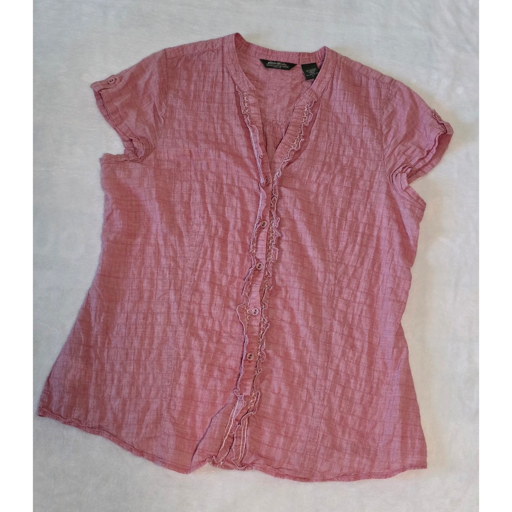 Eddie Bauer Vintage Cottagecore Ruffle Button Down Top Pink Short Sleeve Large